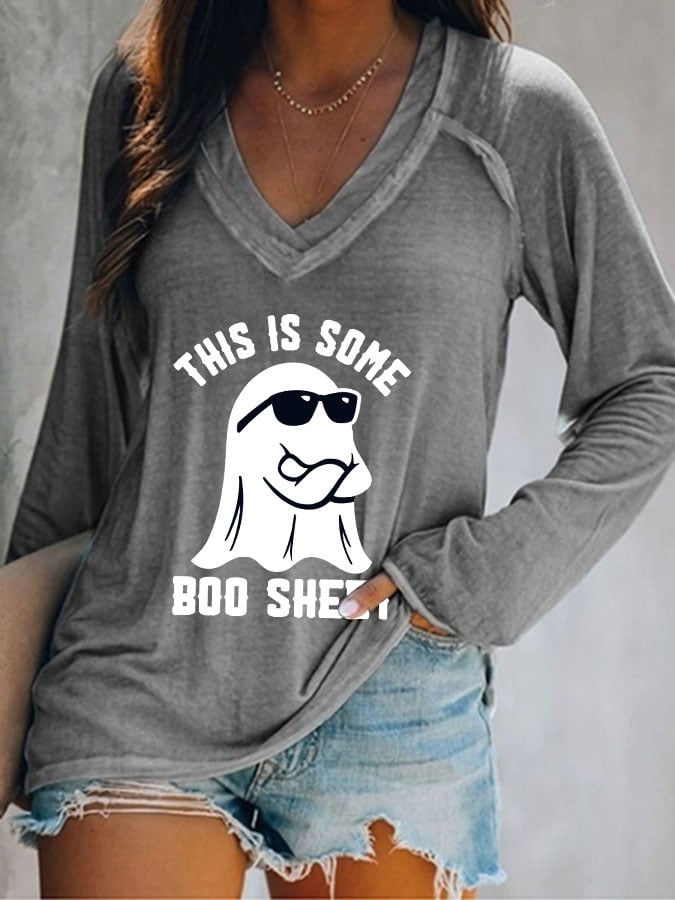 Women's Halloween This Is Some Boo Sheet Printed Casual Long Sleeve V-Neck T-Shirt