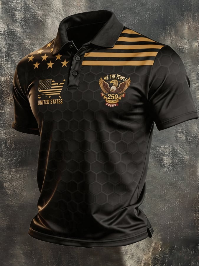 Men's Retro Patriotic Color-Block Short-Sleeve Polo Shirt