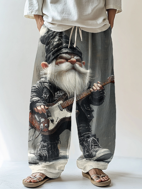 Men's Punk Rock Gnome Playing Electric Guitar Print Casual Pants