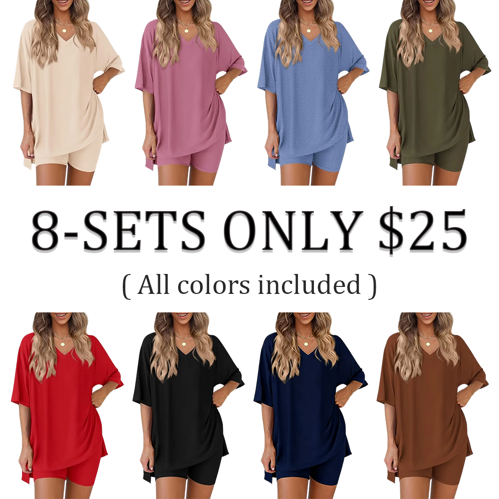 Women’s Oversized Lounge Set-Breathable Crewneck Top & Pocket Shorts