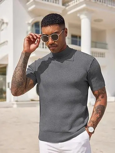 Men's Ribbed Mock Neck Short Sleeve Sweater – Casual Knit Pullover Tee