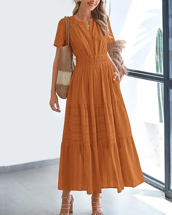 Women's Casual V-Neck Boho Maxi Dress with Pockets