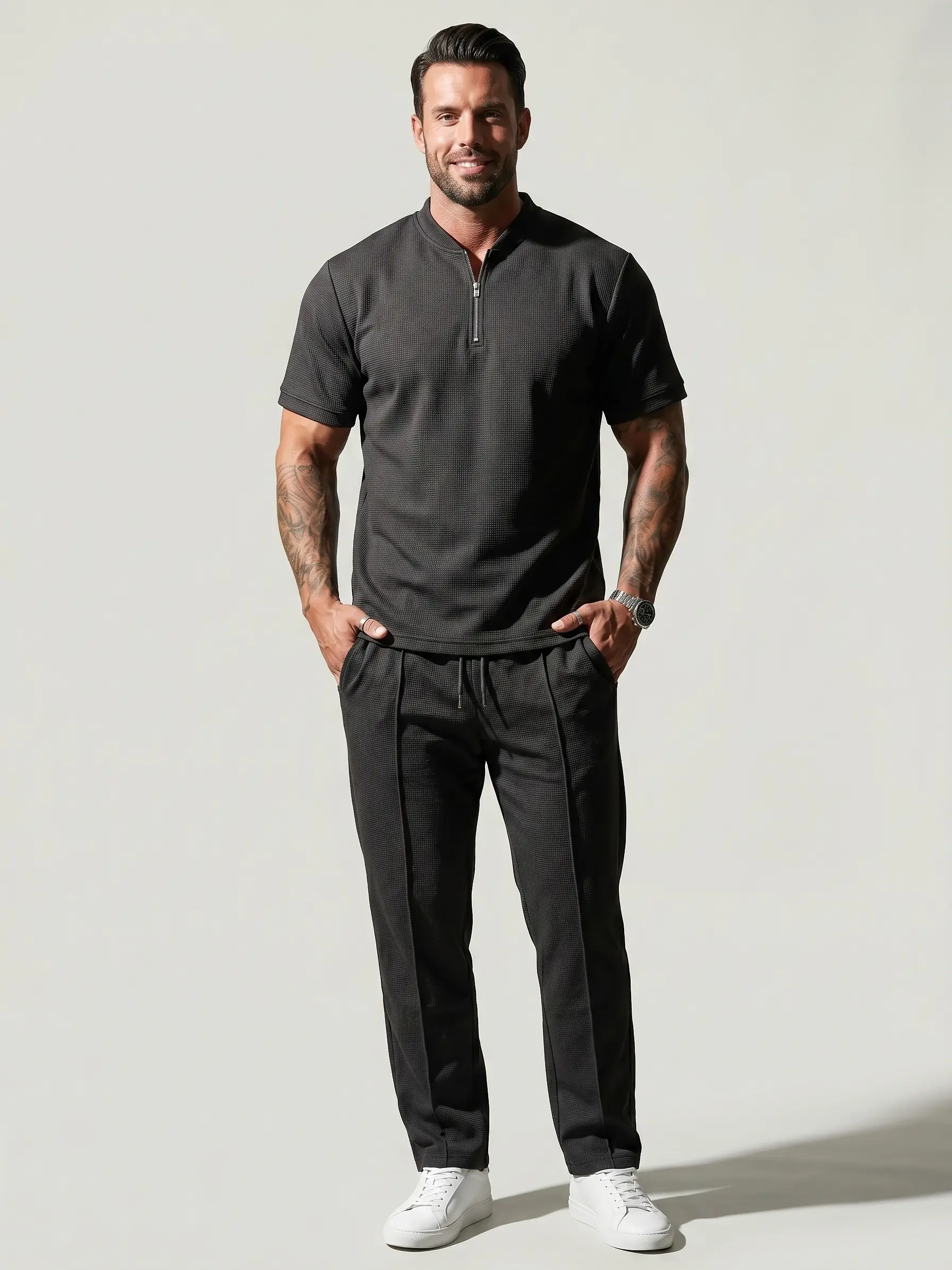 Men's 2-Piece Athleisure Wear Set - Solid Half-Zip Long Sleeve Jacket & Top-Stitching Waffle Pants