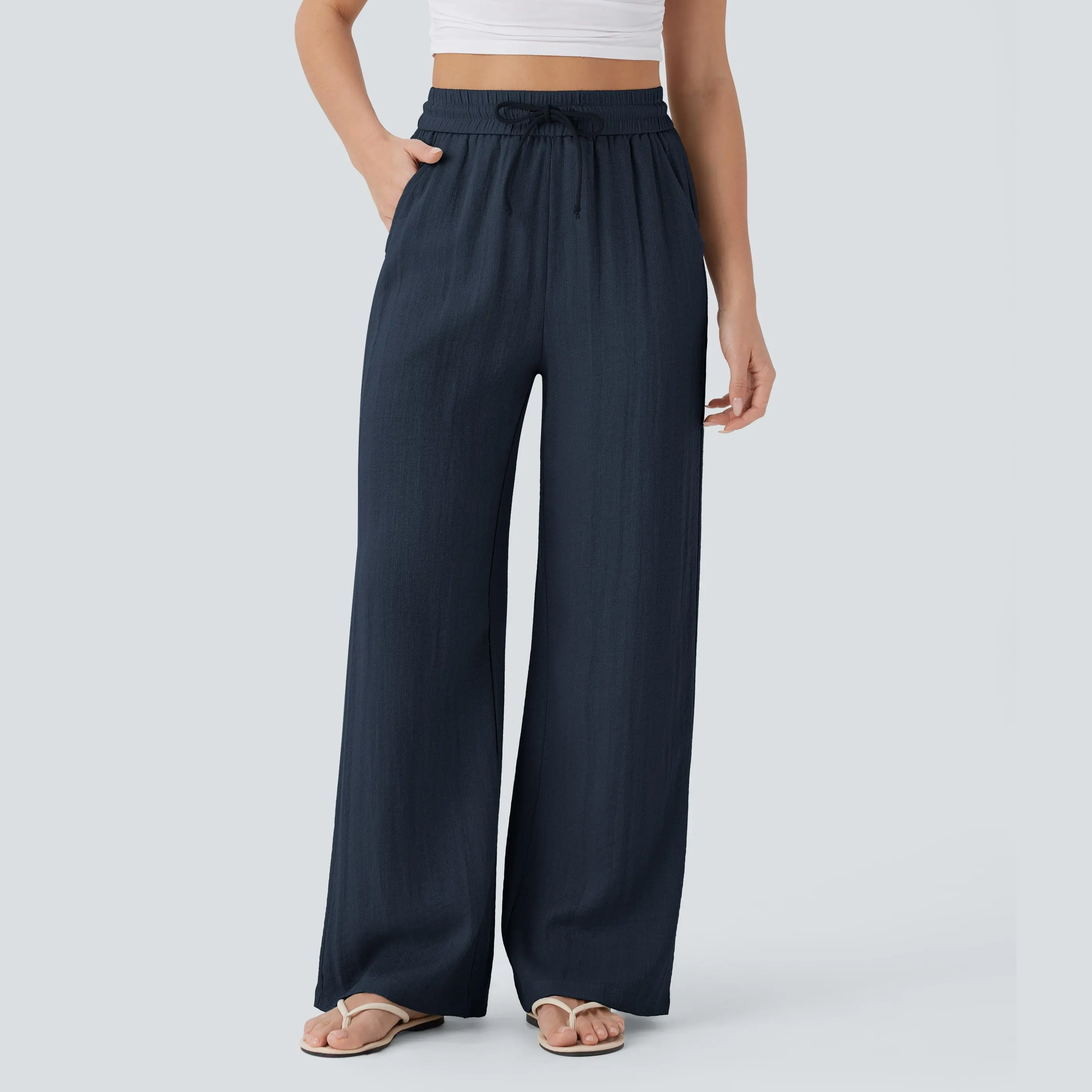 [Creator's Pick] High-Waisted, Drawstring, Pocketed, Wide-Leg Casual Trousers (Faux Linen)