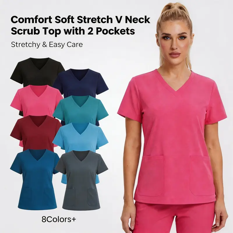 Women's Yoga-Style Medical Top — V-Neck, Double Pockets, Soft, Comfortable, and High-Stretch