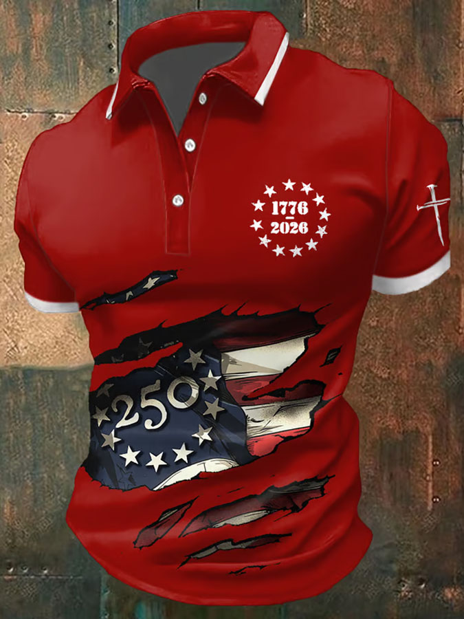 Men'S Retro American Flag Independence Day Print Casual Polo Shirt