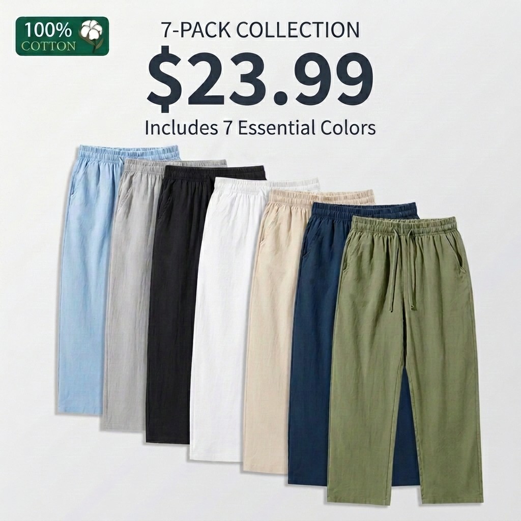 4-Pack 100% Cotton Linen Wide Leg Pants | Breathable Drawstring Summer Pants for Men & Women