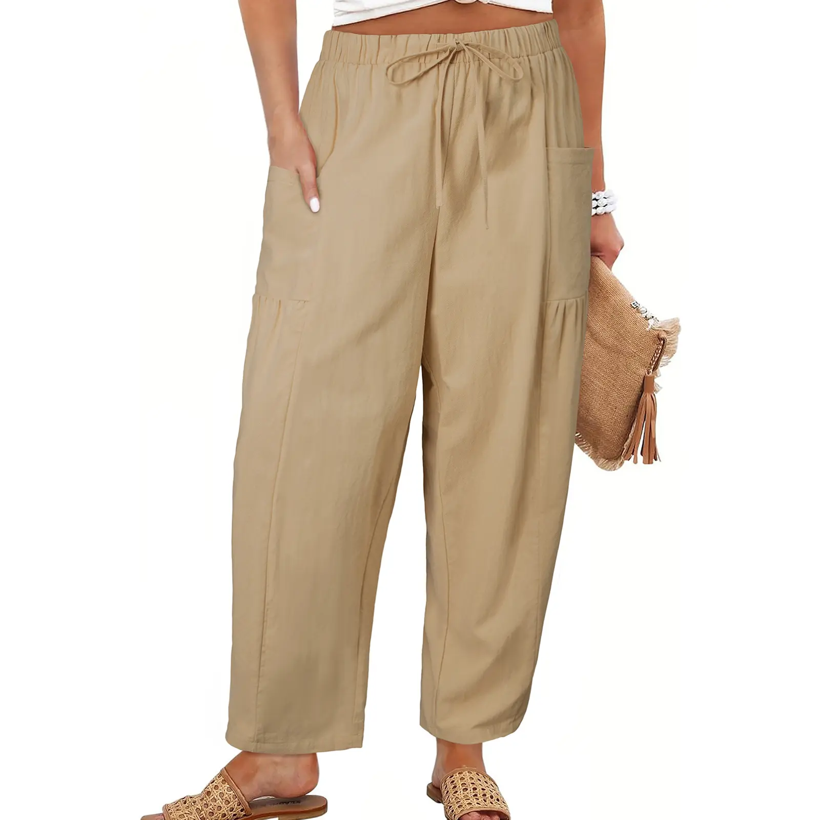 Women's Plus-Size Wide-Leg Pants — Pure Cotton Loungewear with Pockets