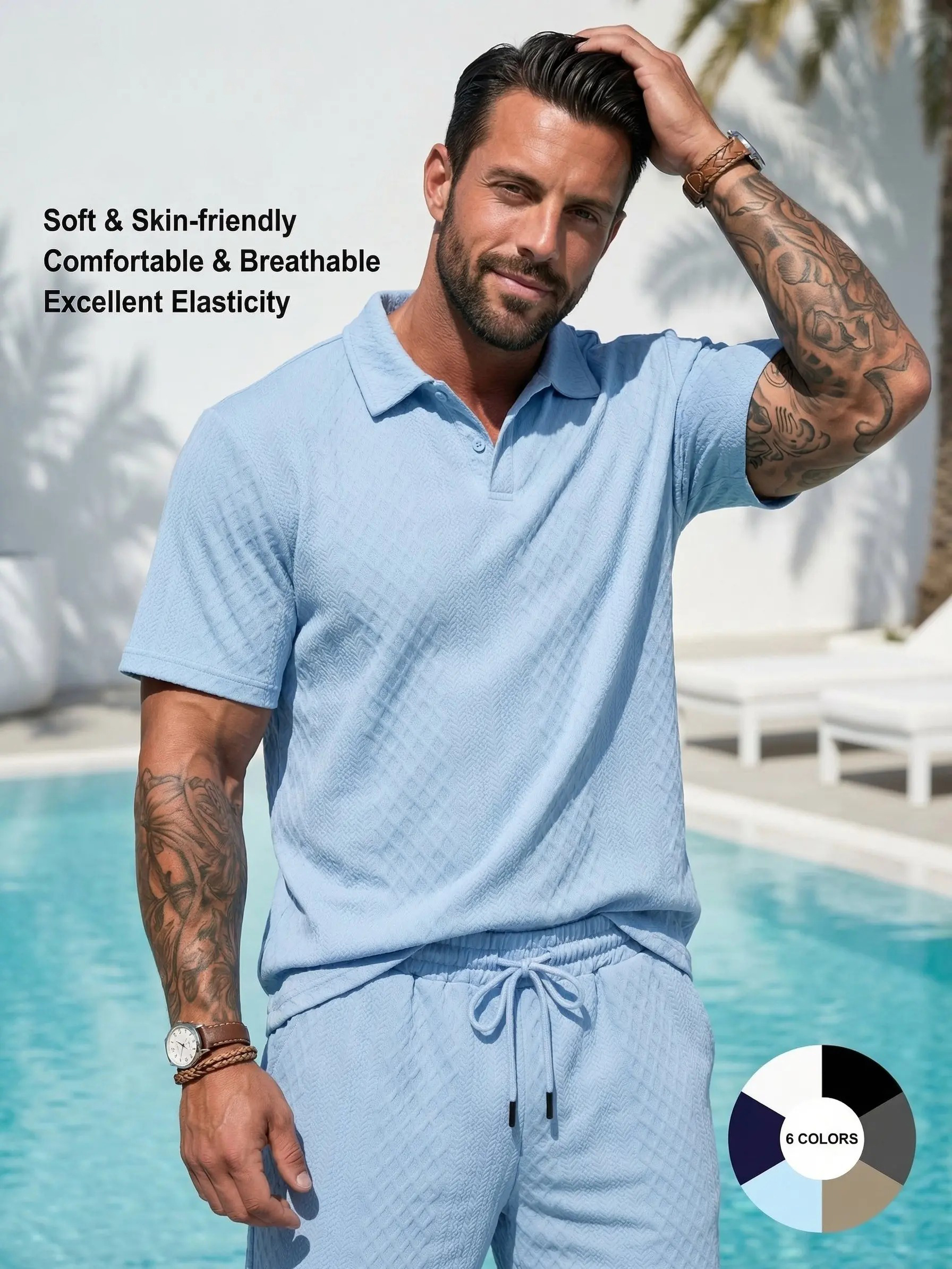 Men's Solid Polo Shirt & Drawstring Shorts 2-Piece Set Casual Breathable Daily Outdoor Outfit