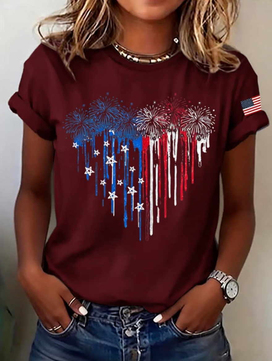 Women's casual round neck Patriot printed T-shirt