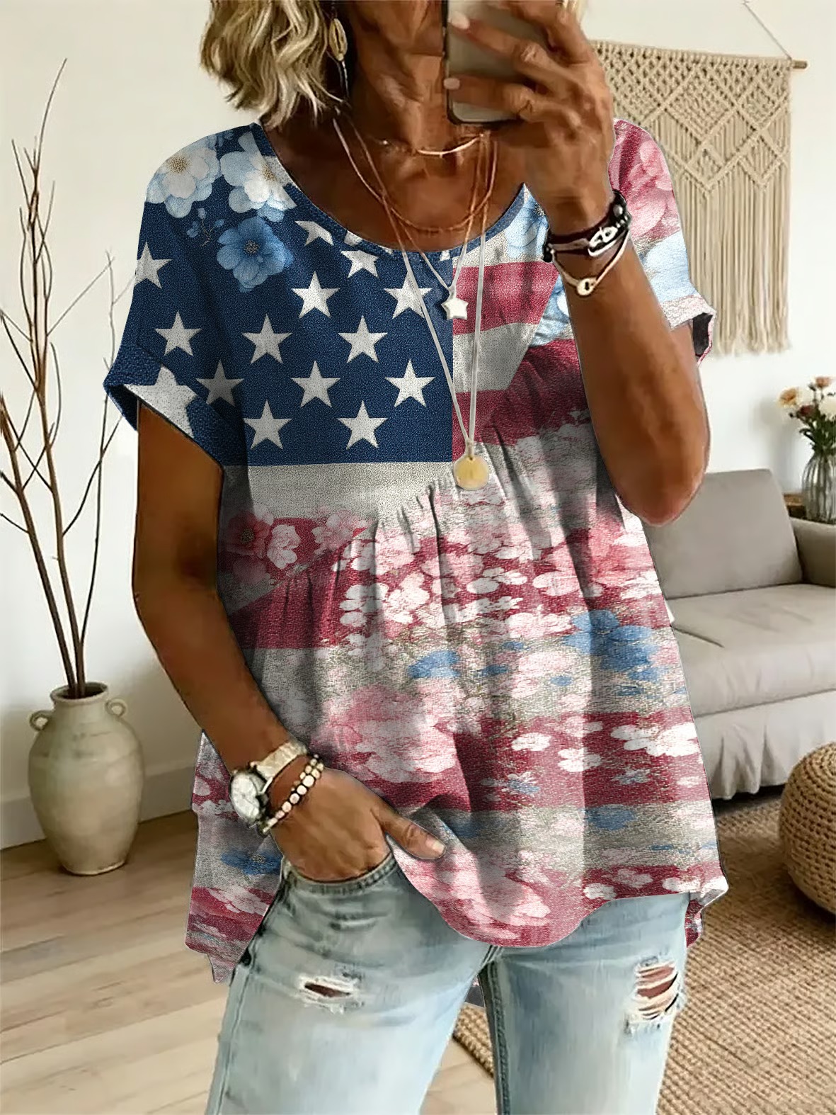 Patriotic Star Printed Short Sleeved Shirt