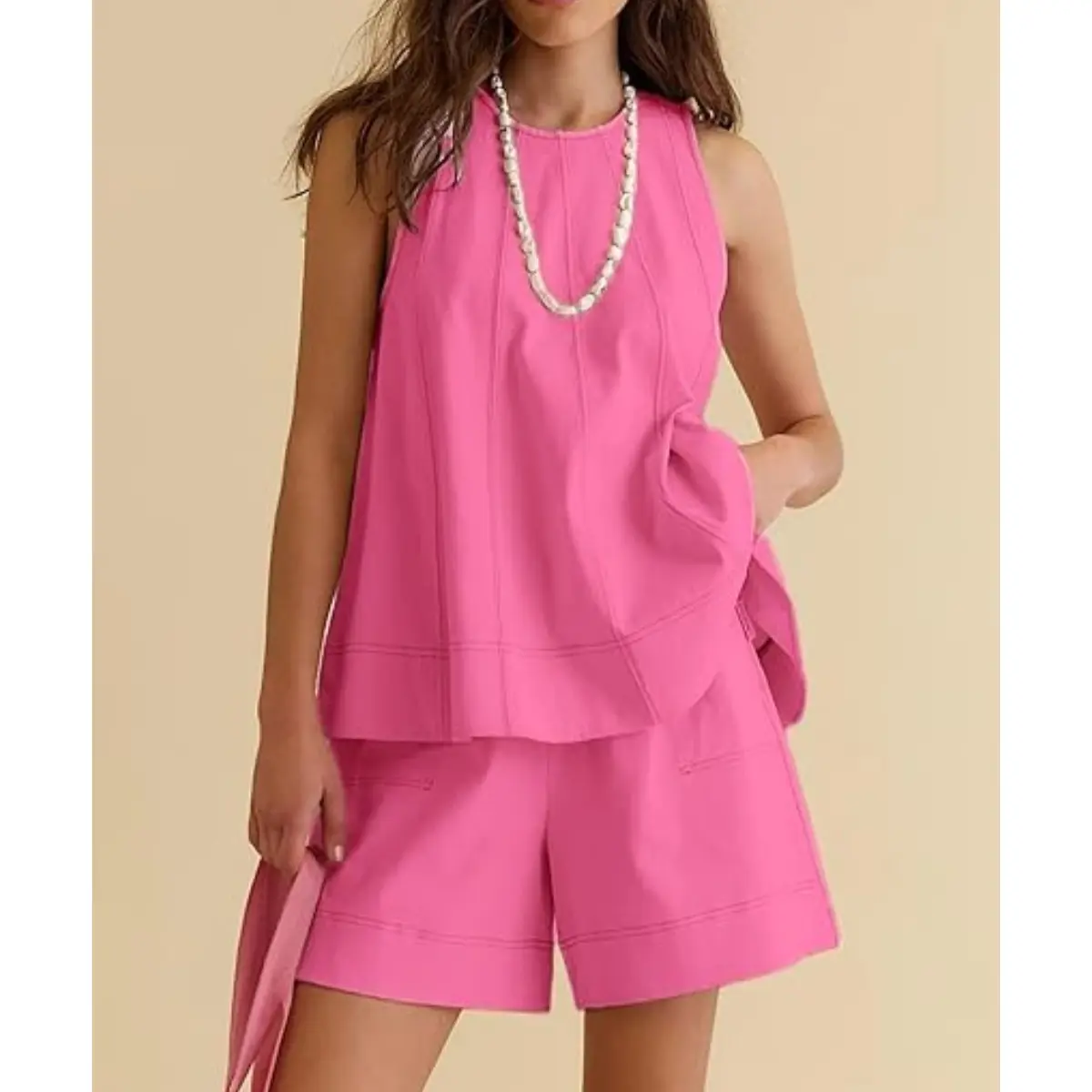 Women's Cotton Two Piece Outfit - A-Line Tank & High-Waist Shorts