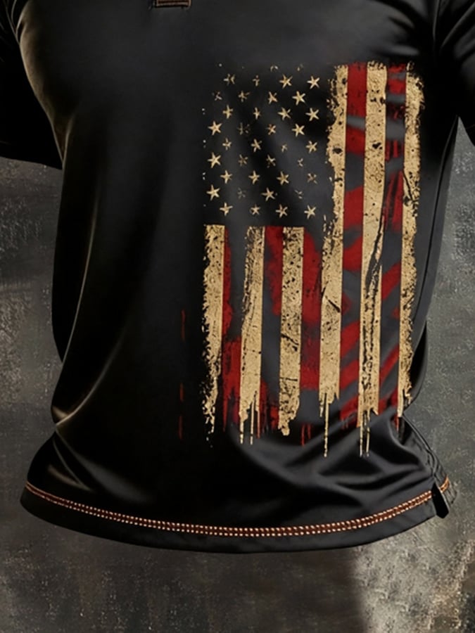 Men's Retro Patriotic Color-Block Short-Sleeve Polo Shirt