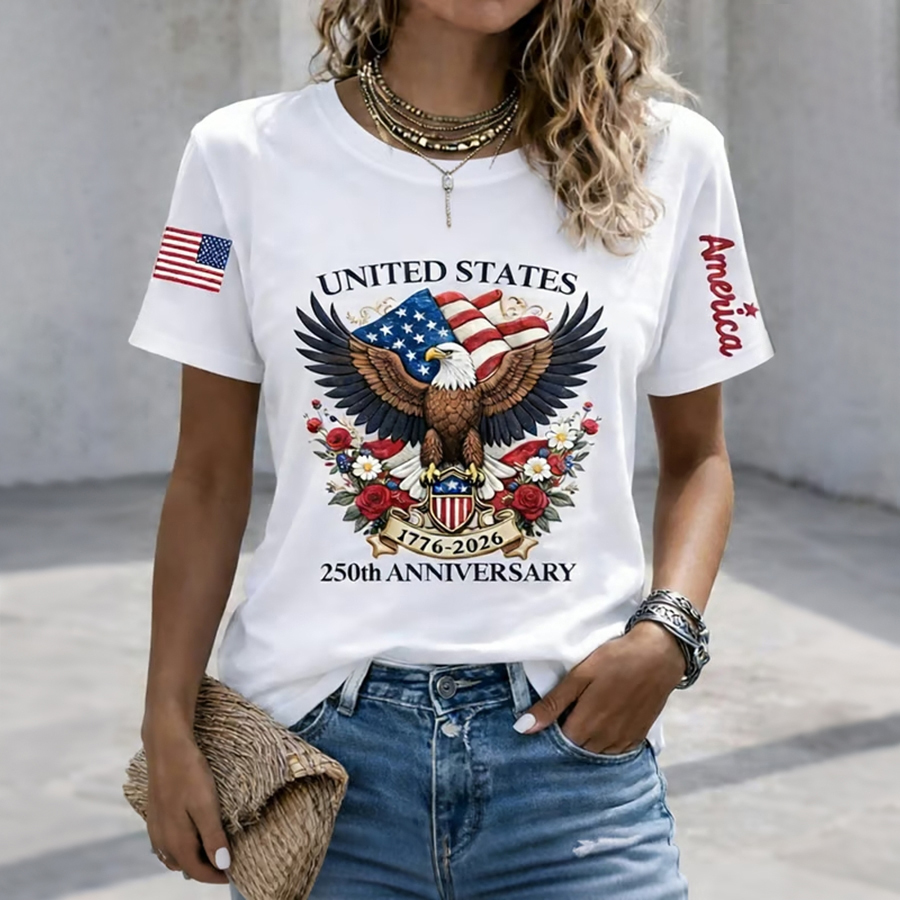 Ladies' Casual US National Day Flag Embroidered Printed Short Sleeved Round Neck T-Shirt