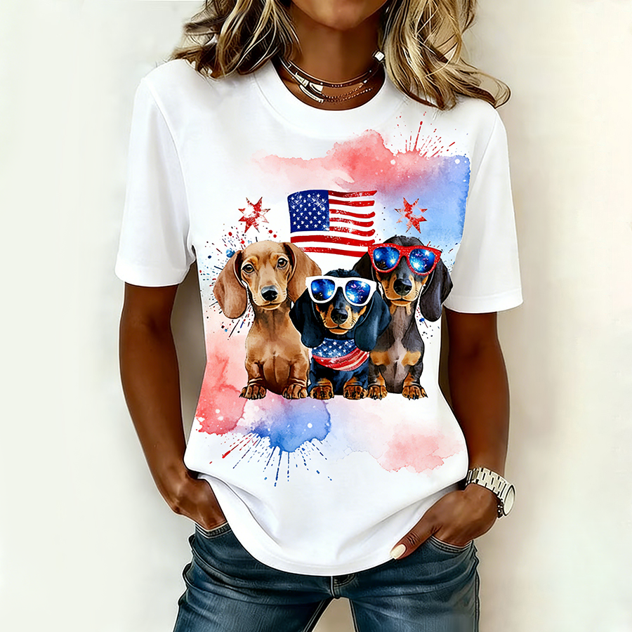 Ladies' Casual American Flag Printed Round Neck Short Sleeved T-Shirt