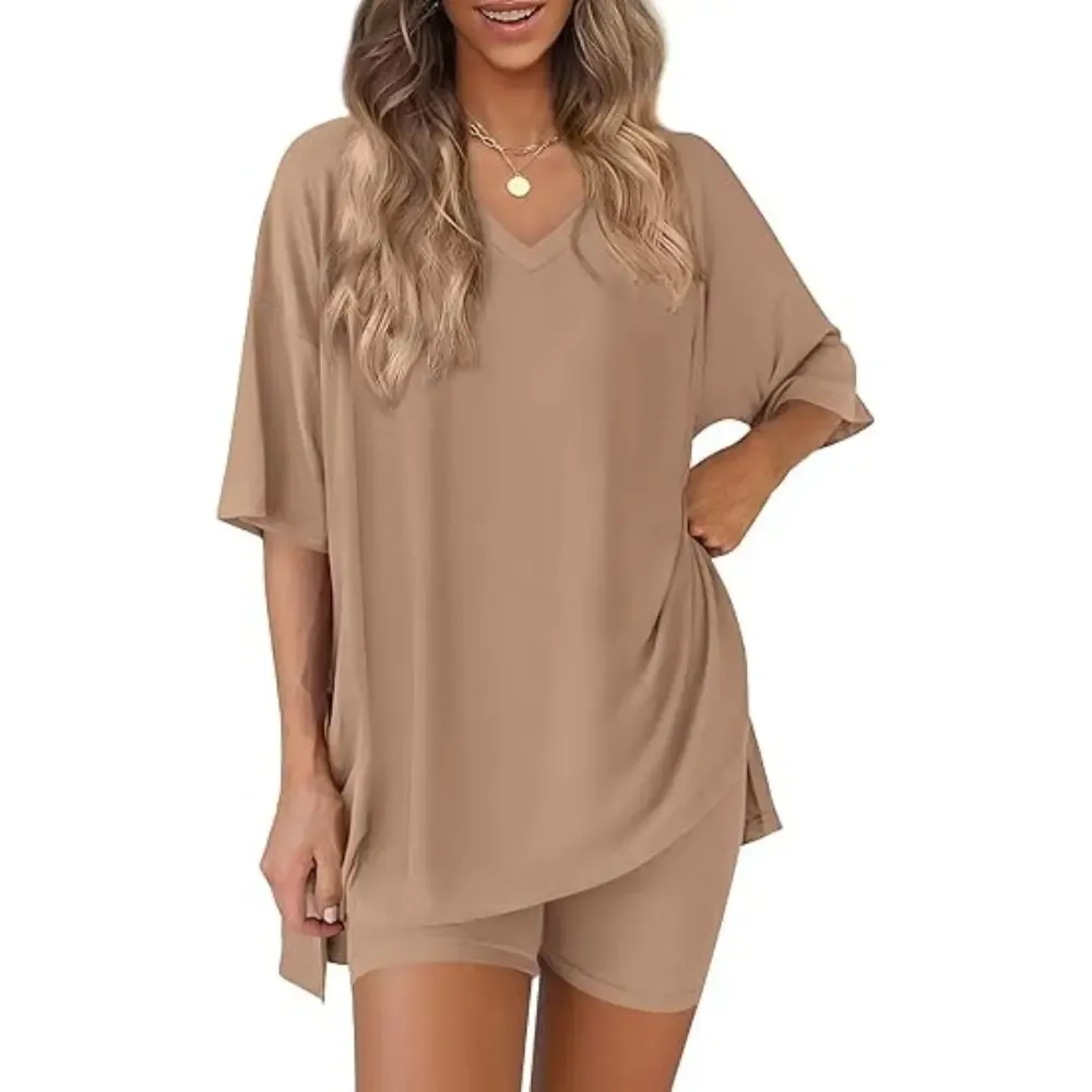 V Neck 2 Piece Sets for Women Summer Lounge Short Set Spring Matching Biker Shorts Oversized Shirt Clothing