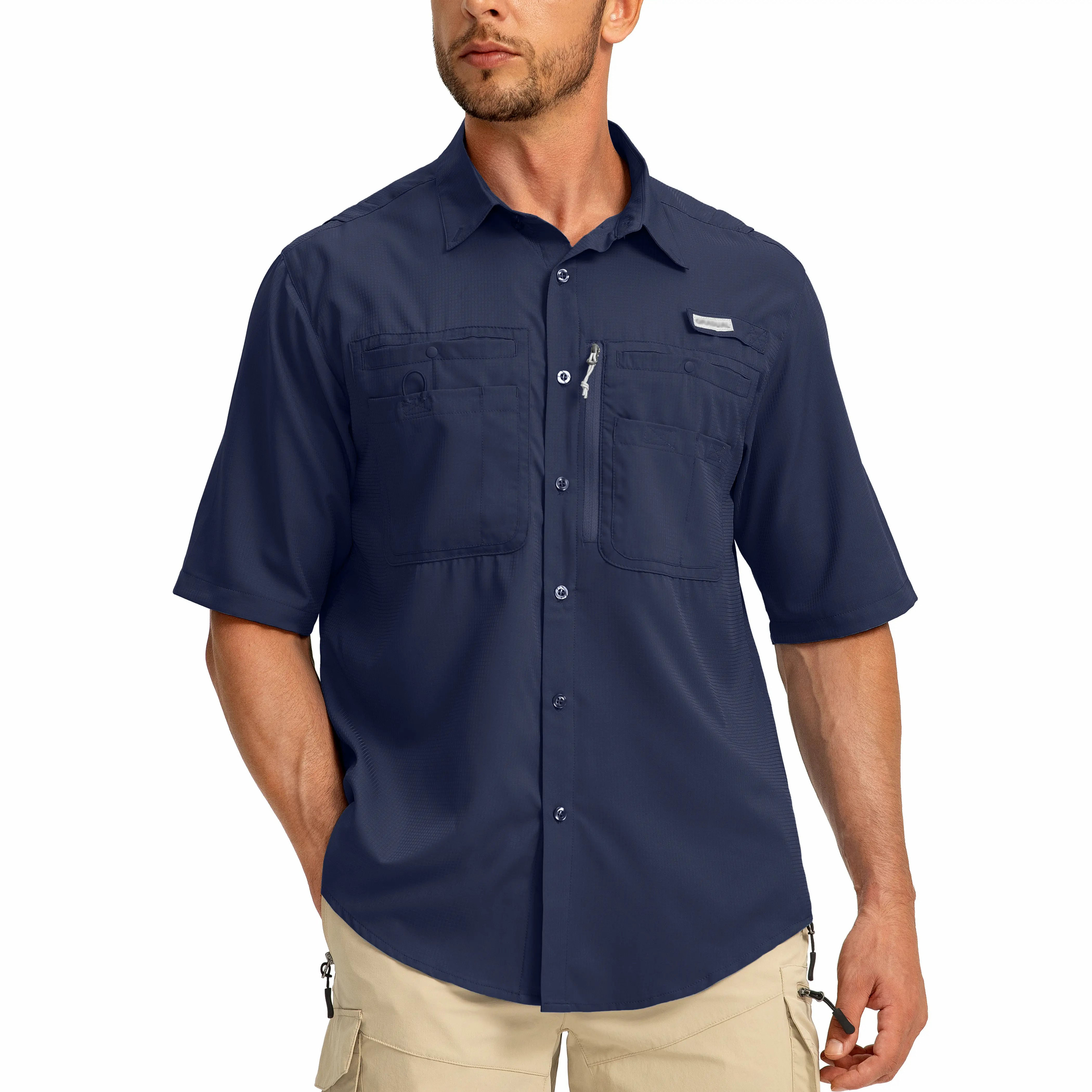 Men's UPF 50+ Fishing Shirt – Lightweight Quick-Dry Short Sleeve Button-Down with Zipper Pockets