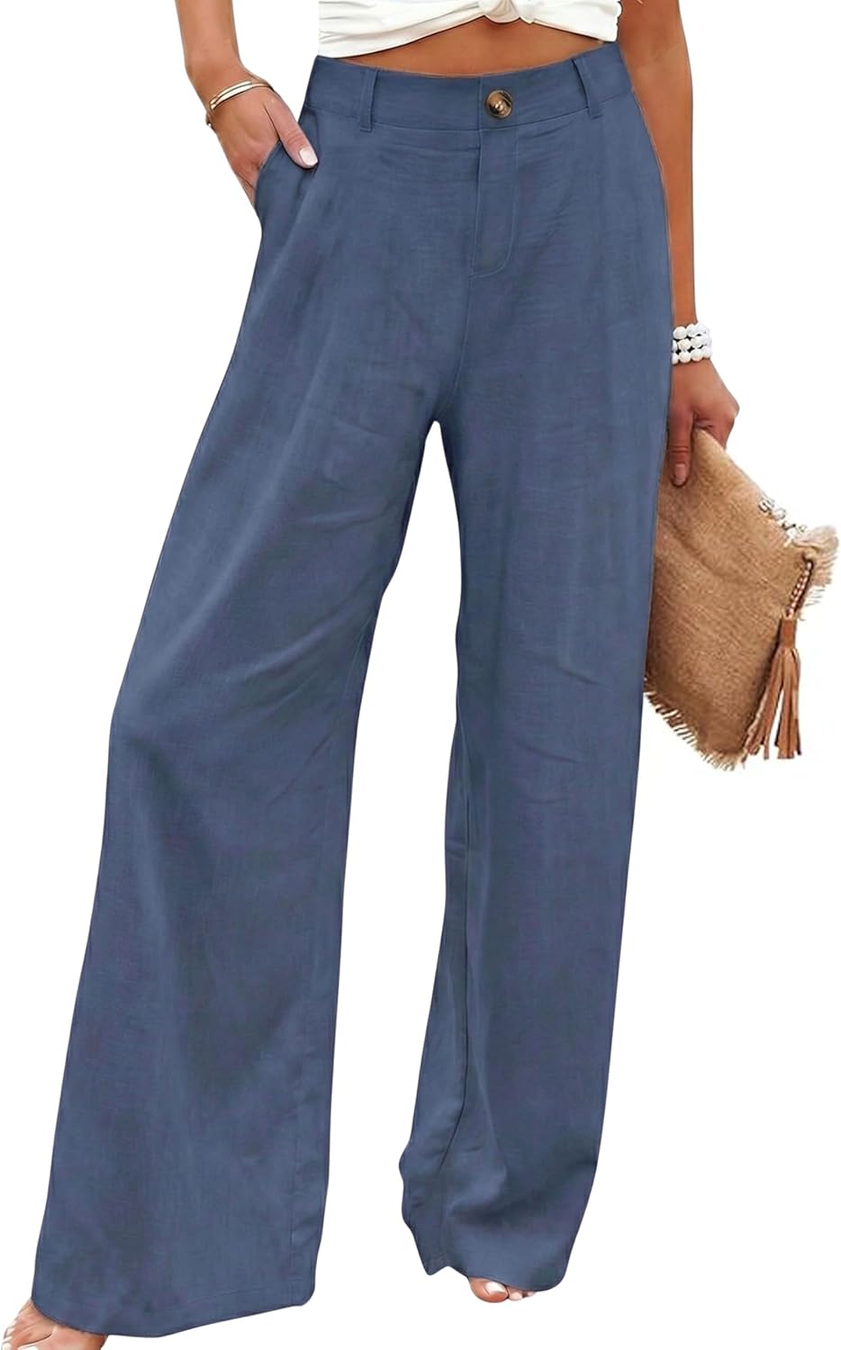 Womens Cotton Linen Pants Casual Button Up High Waisted Wide Leg Trousers