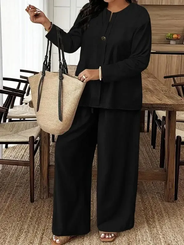 🔥Women's Casual Breathable Long Sleeve Shirt and Loose Pants Two-Piece Set