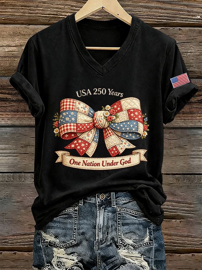 Women's USA 250 Years One Nation Under God Print V Neck T-shirt