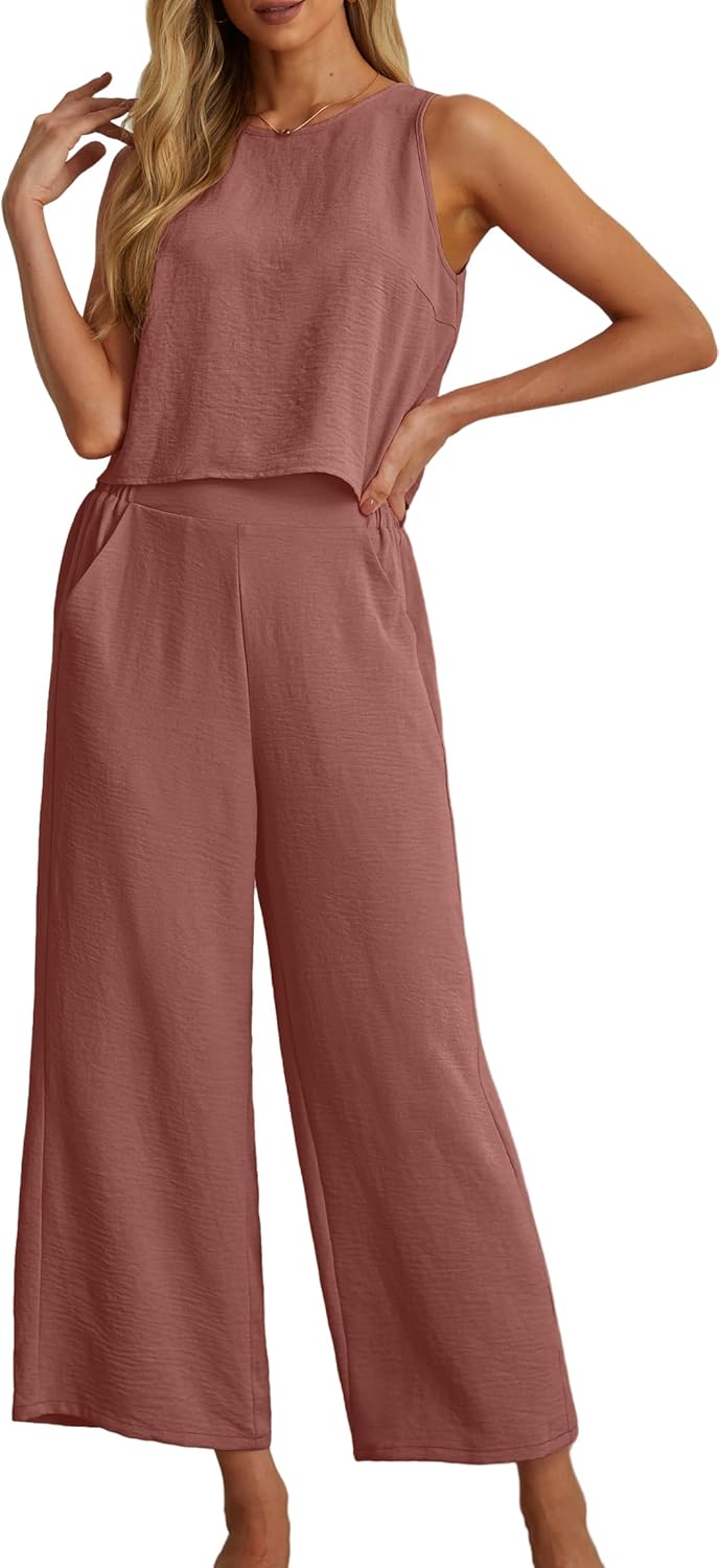 Women's Summer 2 Piece Outfits Set Round neck Sleeveless Tank Crop Top Wide Leg pants Set Pockets Jumpsuits