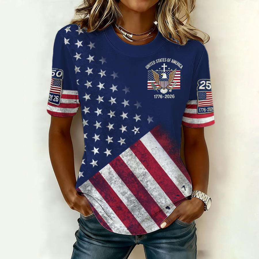 Women'S Retro American Independence Day Commemorative Printed Round Neck T-Shirt