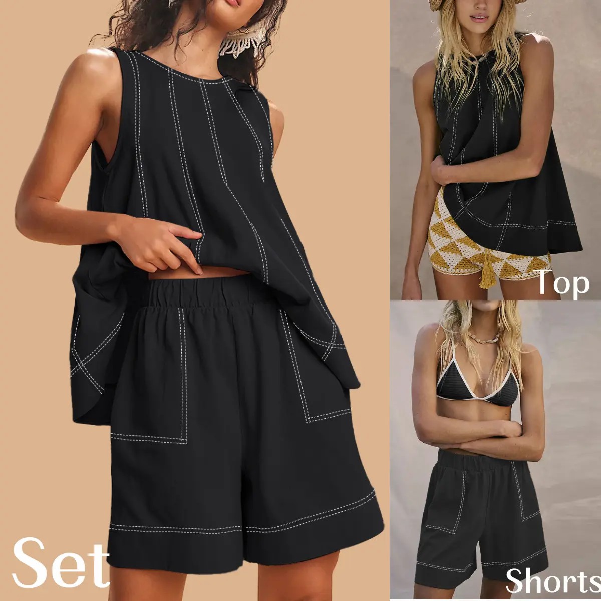 Women's 100% Cotton 2-Piece Set – A-Line Tank Top & High Waist Shorts with Pockets