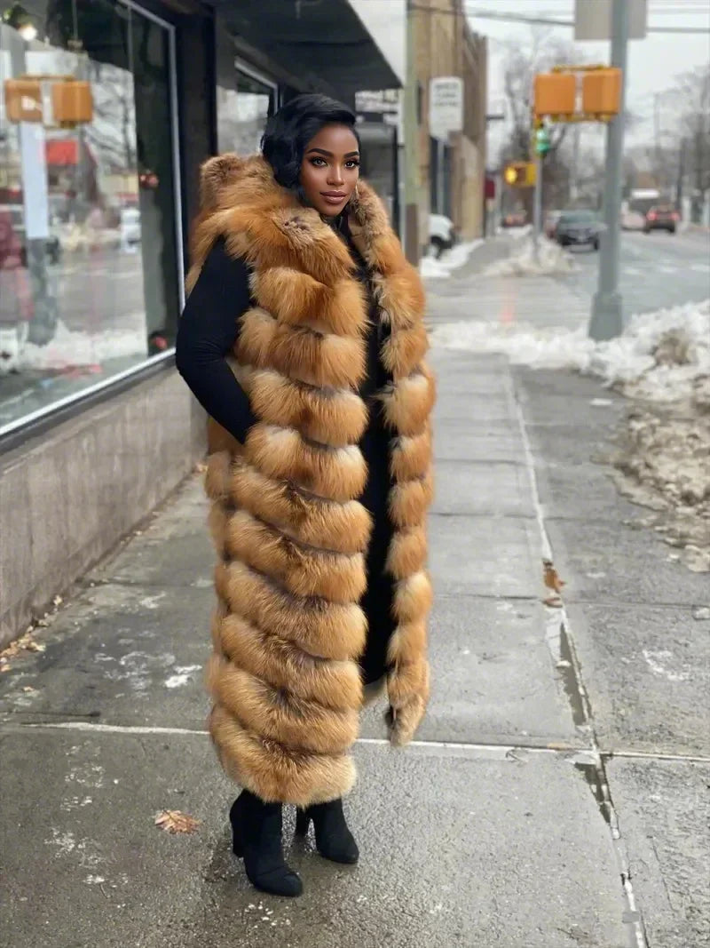 Long Red Fox Fur Vest With Hood（✔️Free shipping）