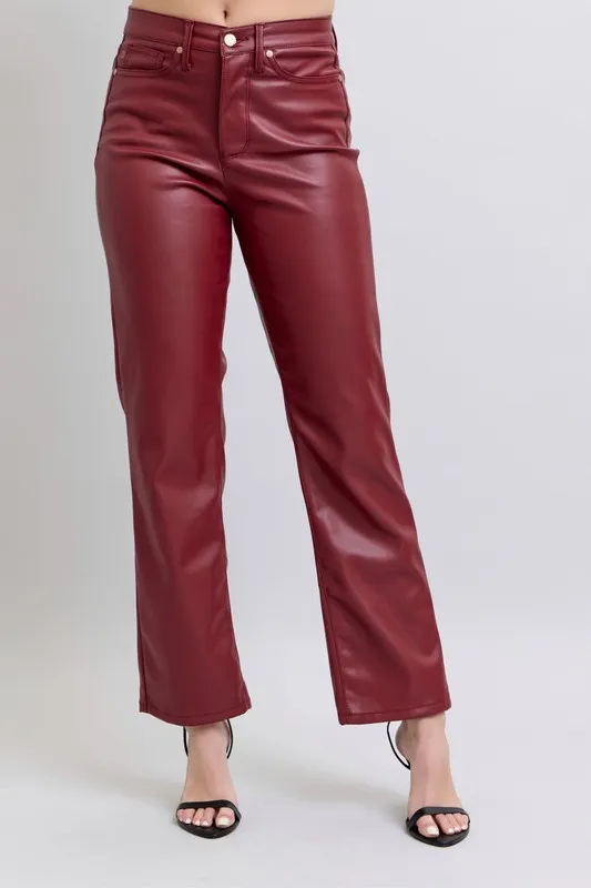 Blue Full Size High Waist Tummy Control Faux Leather Straight Pants Plus Size