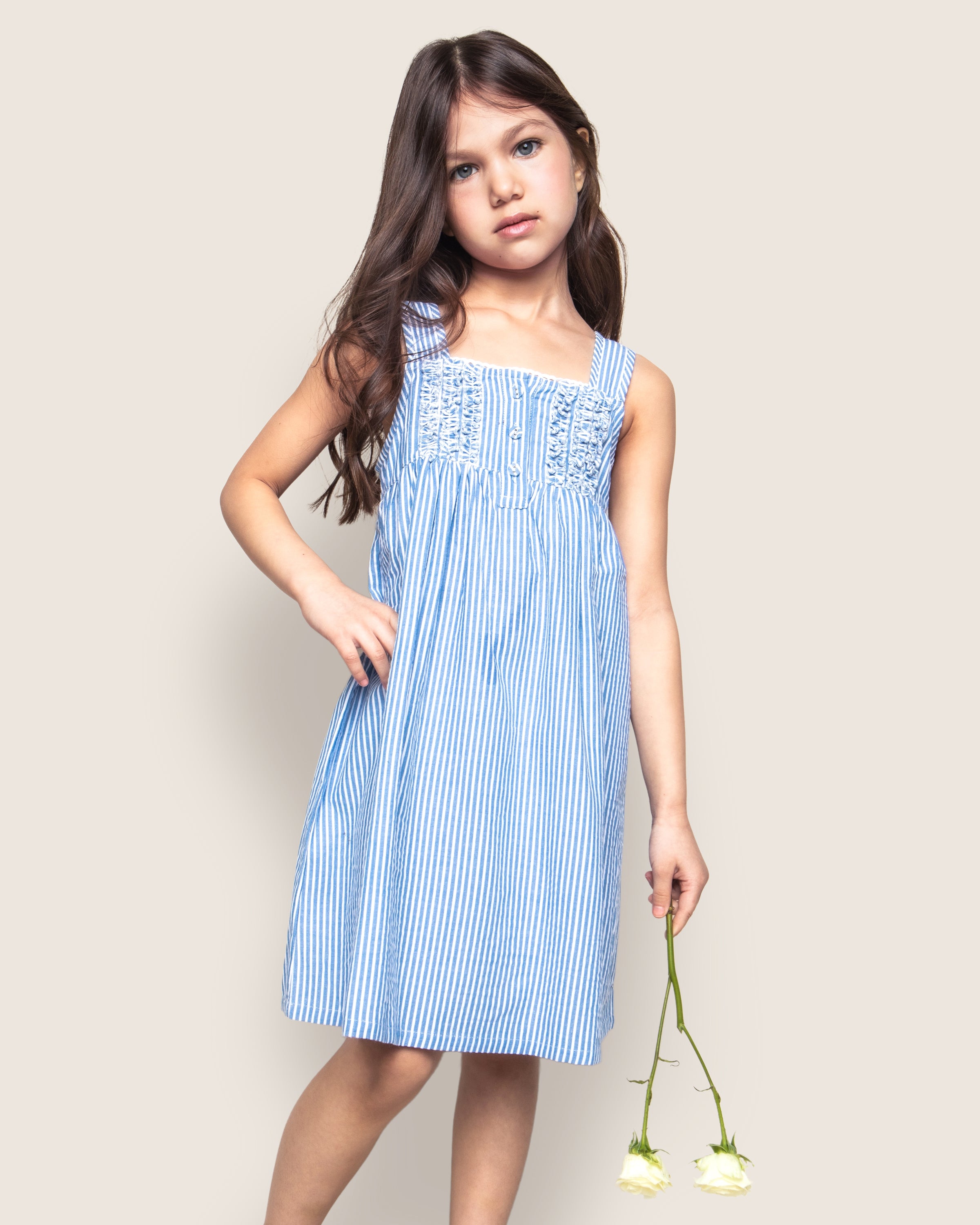 Girl's Twill Charlotte Nightgown in French Blue Heritage Stripe