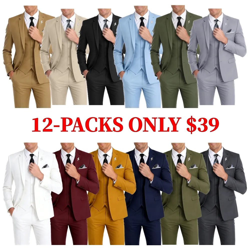 Mens Suit 3 Piece Set Slim Fit Wedding Groomsmen Suit for Men Two Buttons Suits Set Solid Jacket Vest Pants