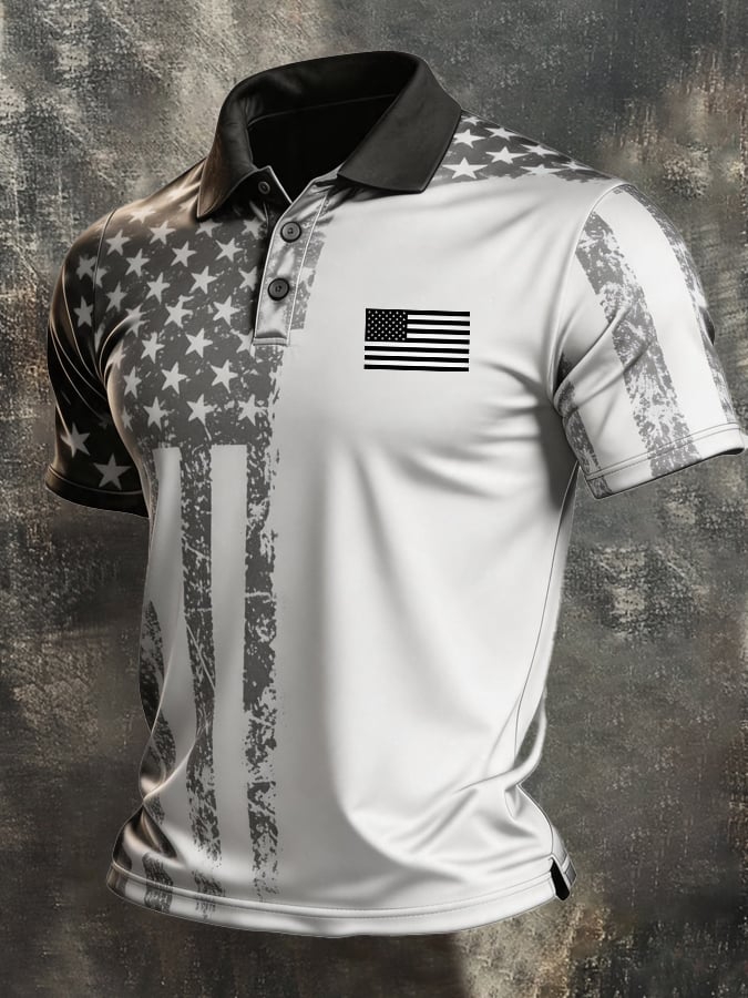 Men's Retro Patriotic Color-Block Short-Sleeve Polo Shirt