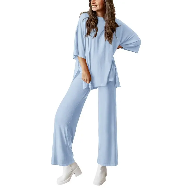 Women's 2-Piece Outfits Short Sleeve Pullover Tops Split Hem Wide Leg Pants Lounge Sets