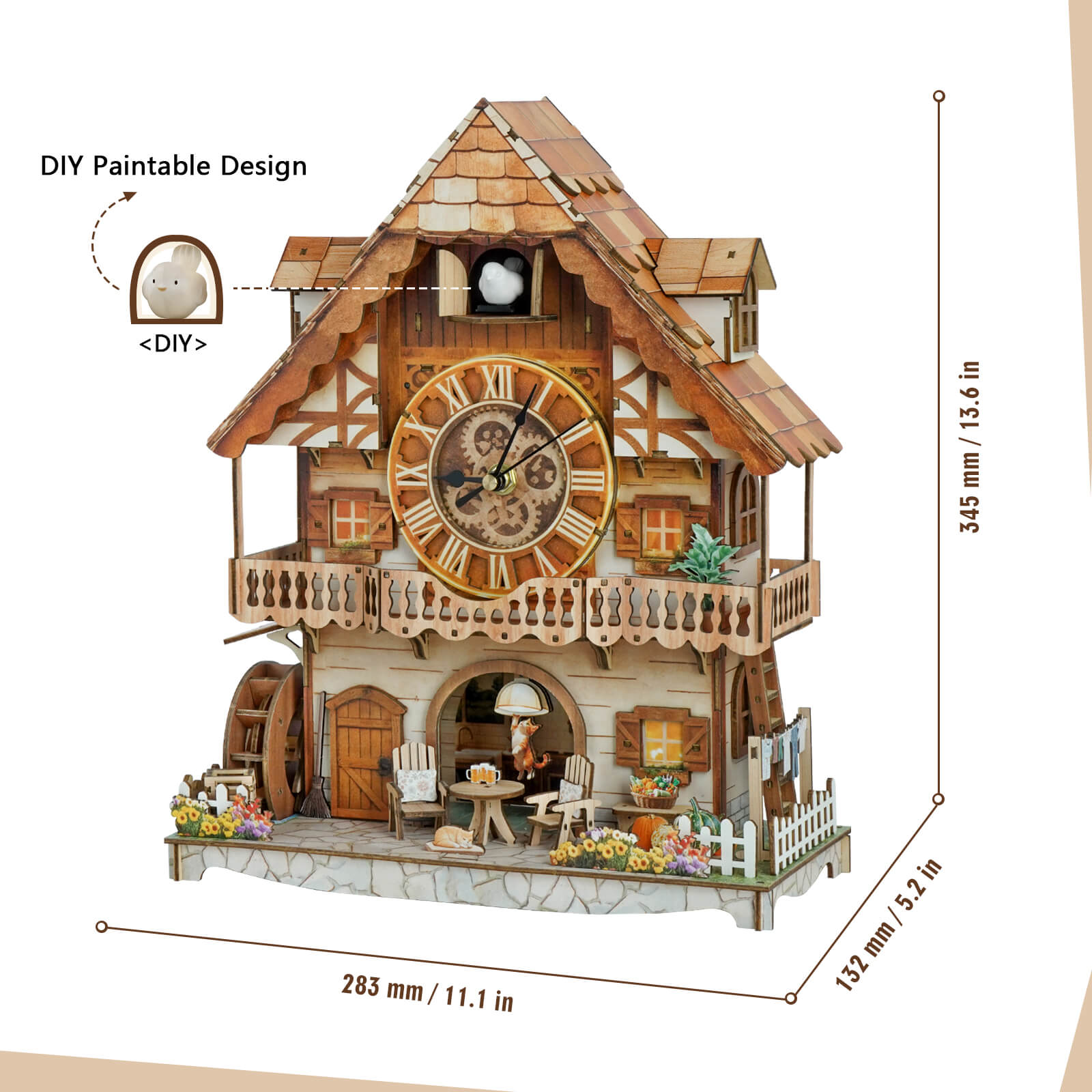 Cuckoo Calling German Cottage DIY Wood Clock, 3D Puzzle Kit
