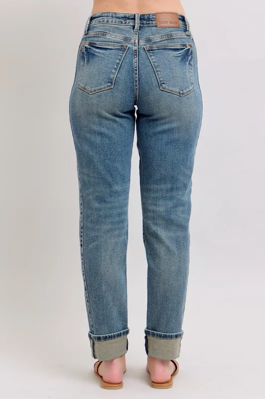 Blue Full Size Mid Rise Vintage Wash Double Roll Cuff Boyfriend Jeans Plus Size