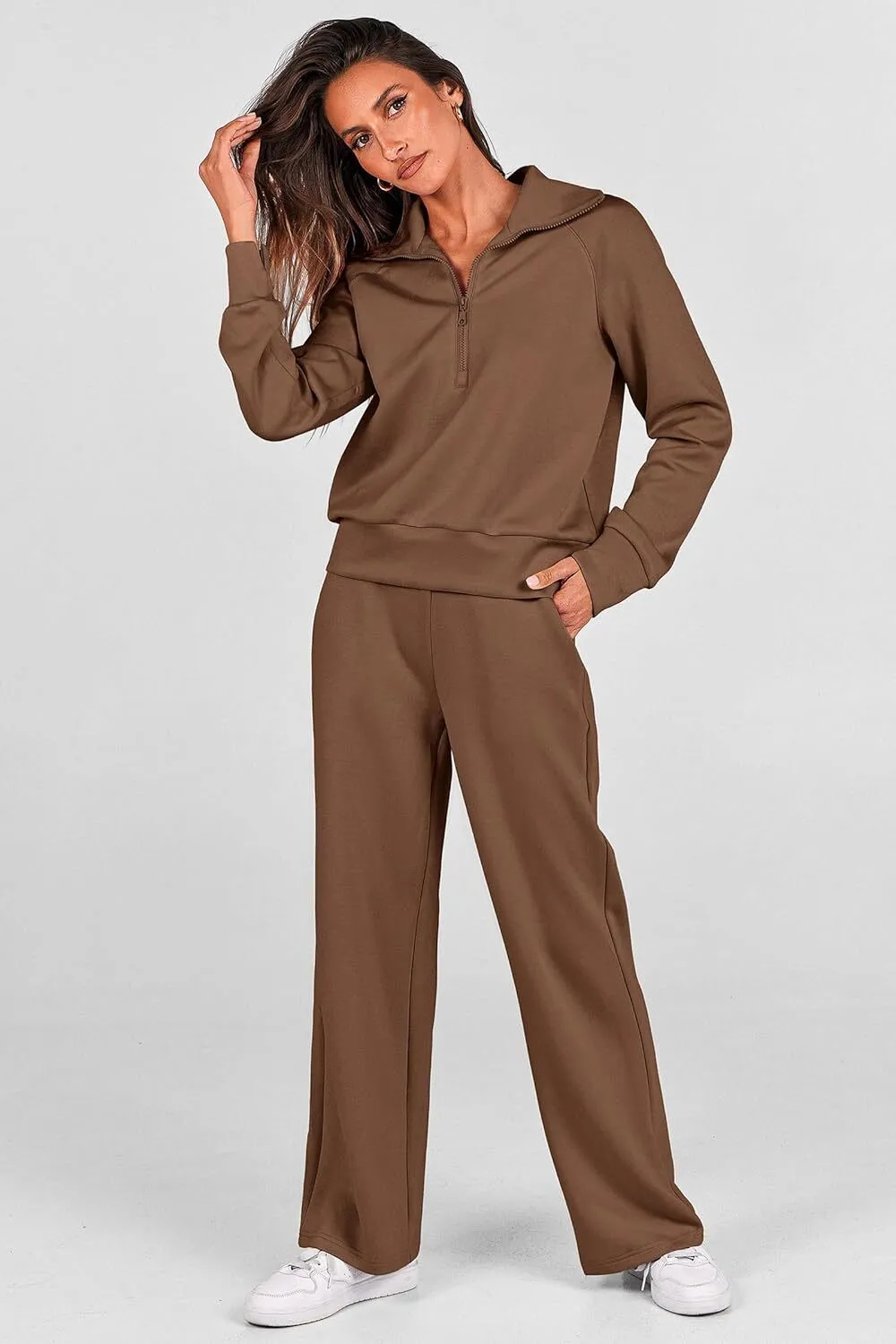 🔥Final Day Clearance!🛒Women's 2 Piece Outfits Casual Lapel Half Zip Sweatshirts And Wide Leg Pants Tracksuit Sets🔥8-PACK ONLY $28🔥