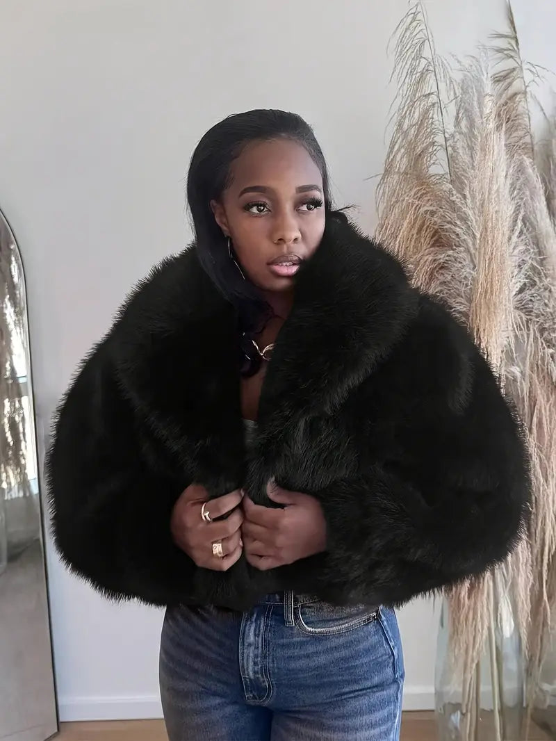 Women's Solid Color Faux Fur Jacket, Casual Fashionable Short Fuzzy Jacket for Fall & Winter, Women's Clothing for Daily Wear, Coat