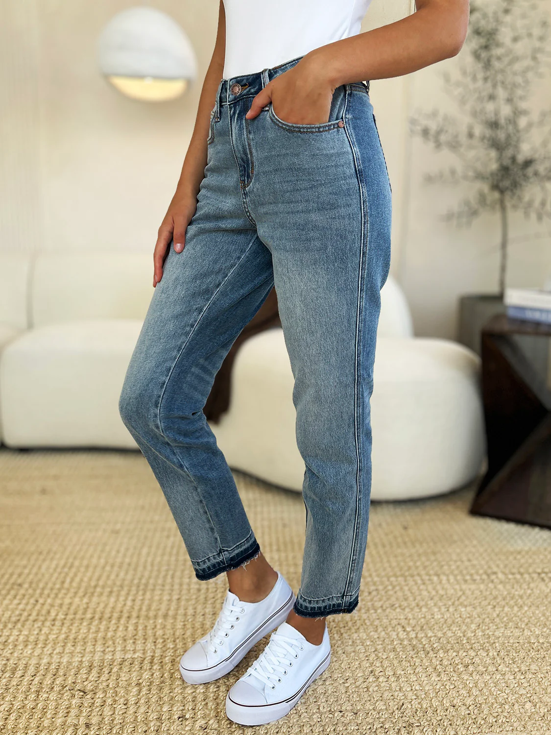 Blue Full Size Mid Rise Rigid Magic Release Hem Jeans