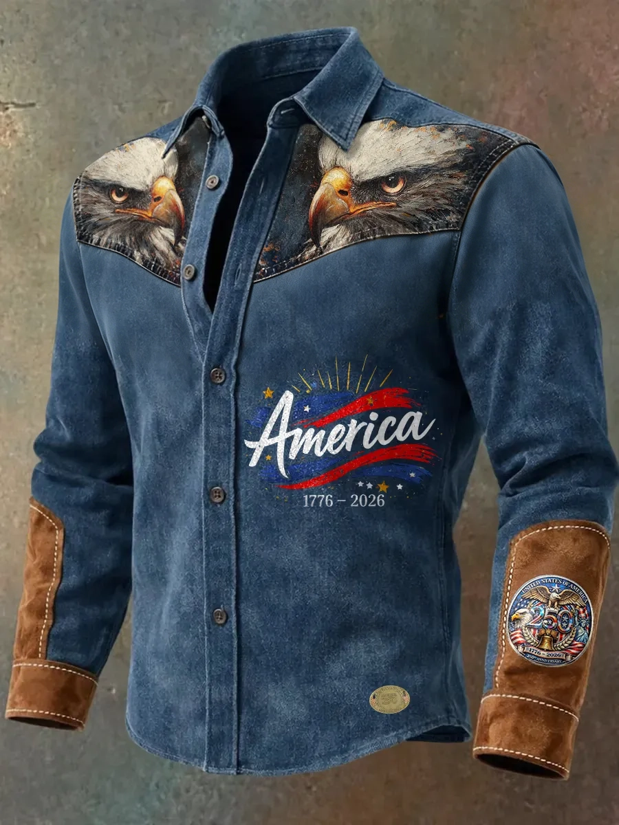 Men'S Retro Western American Founding Celebration Long Sleeve Shirt