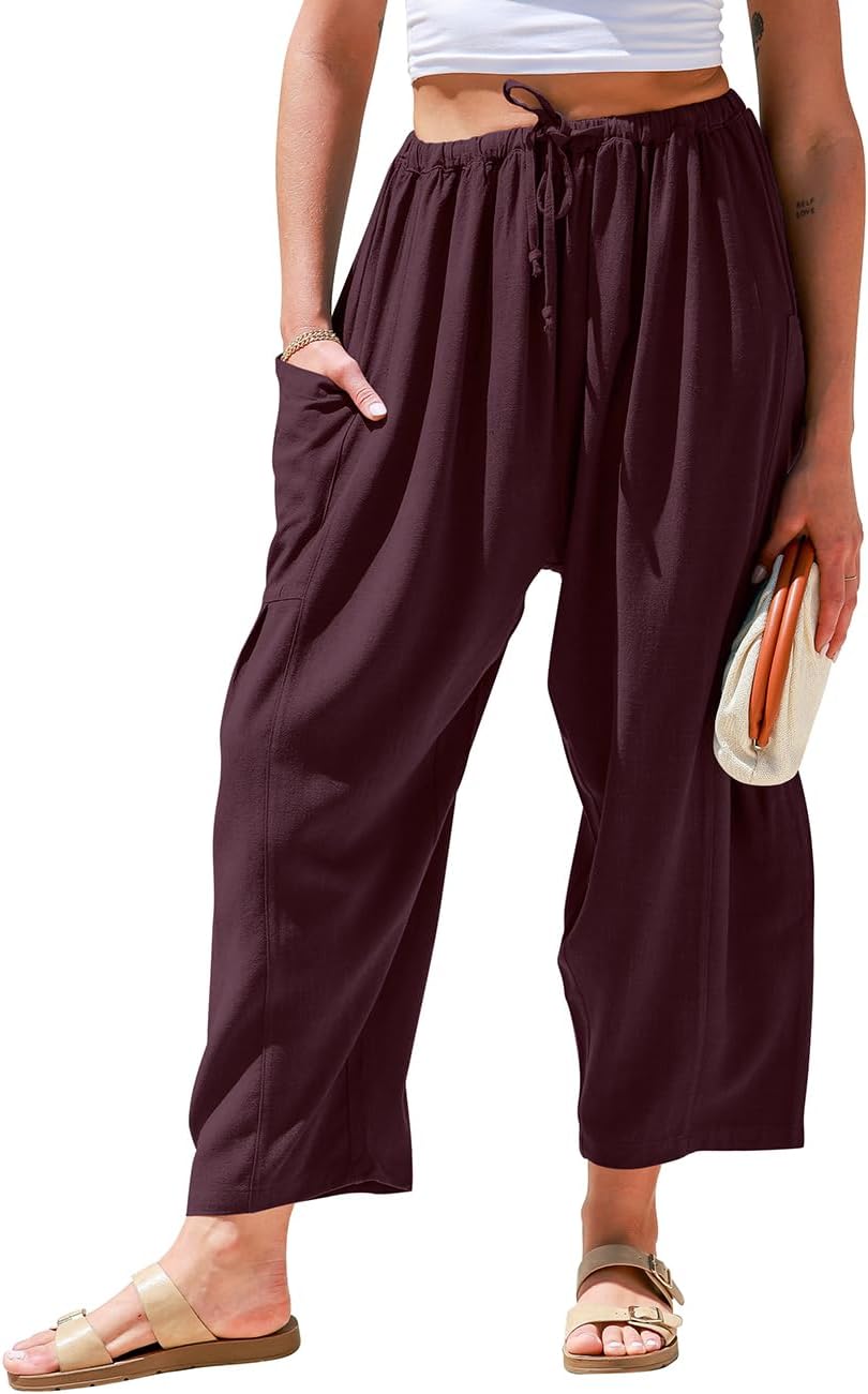 Womens Linen Wide Leg Pants Casual Loose Drawstring Summer Beach Travel Vacation Palazzo Harem Pants with Pockets