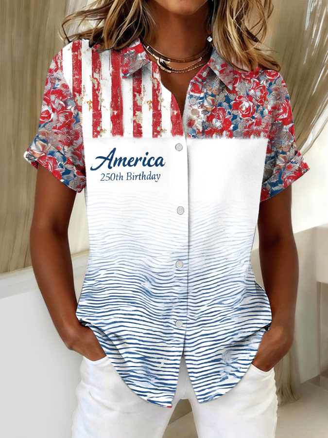 Women's Independence Day Patriotic American Flag Celebration Commemorative Cotton and Hemp Button Shirt