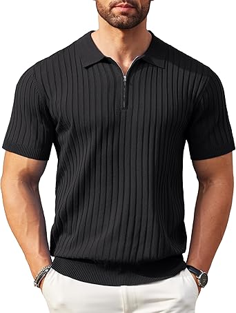 Men's Zipper Polo Shirts Short Sleeve Ribbed Knit Polo T Shirts