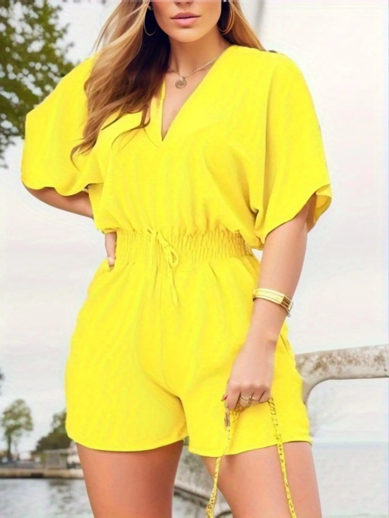 Women's Plain Drawstring Shirred Waist V Neck Romper