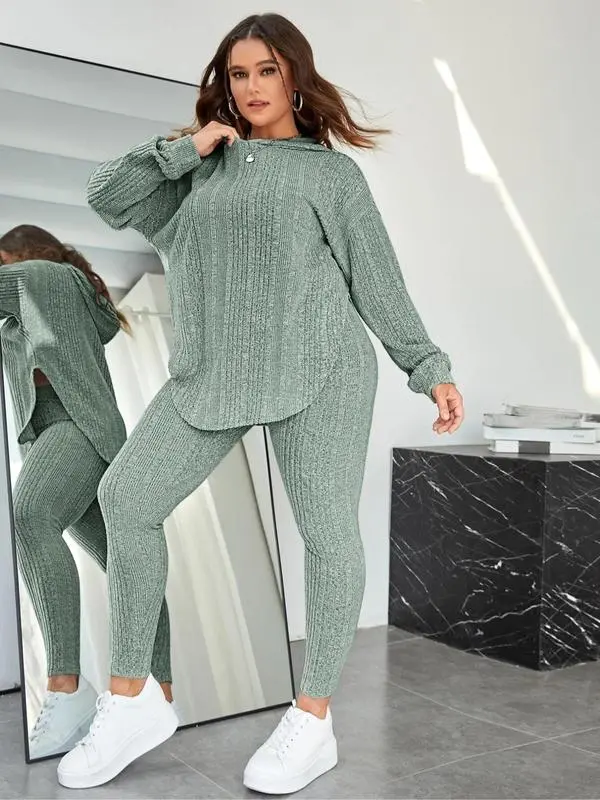 [Plus Size] Plain Split Curved Hem Hoodie & Leggings Lounge Two-piece Set
