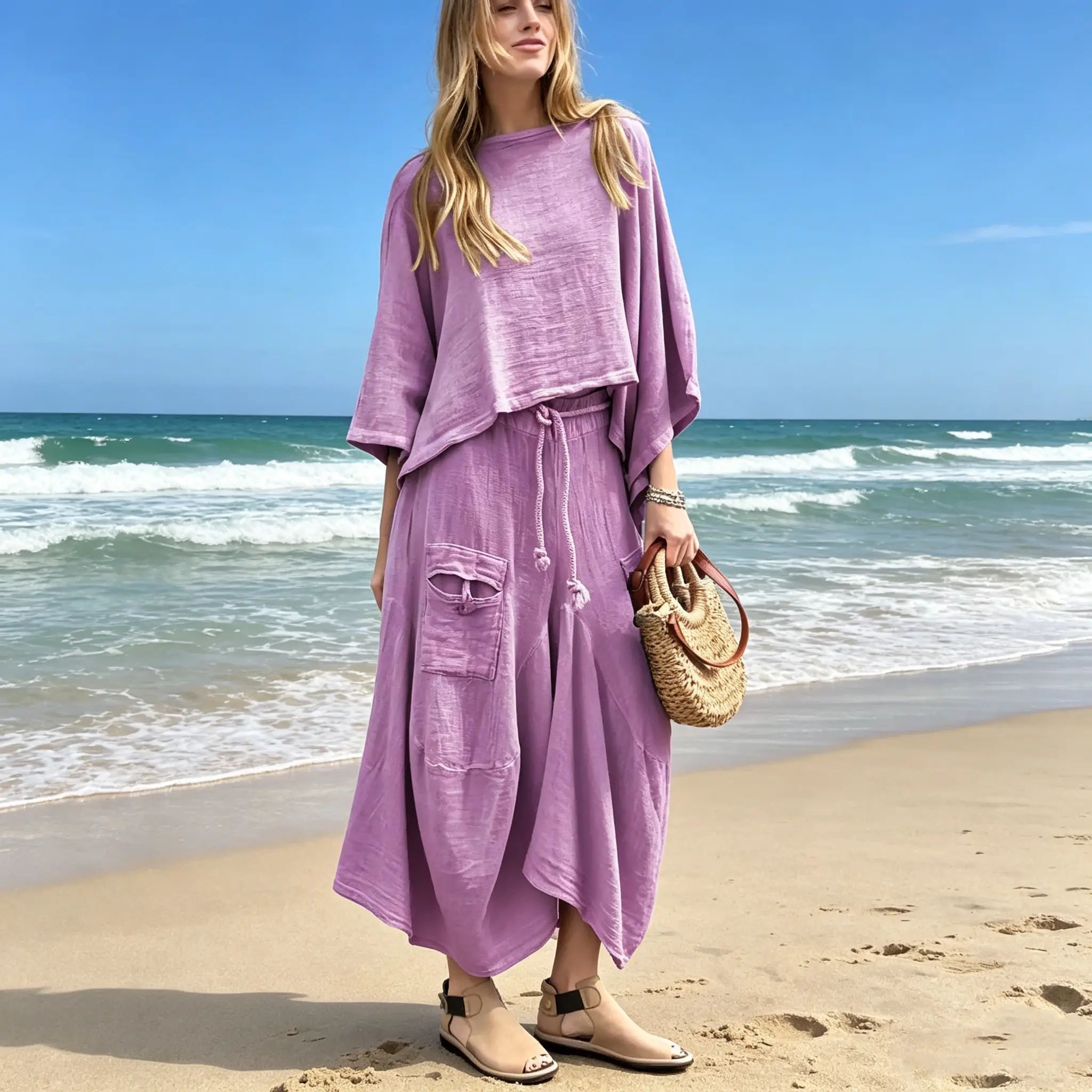 Women’s 2-Piece Loose Vintage-Style Batwing Sleeve Skirt Set