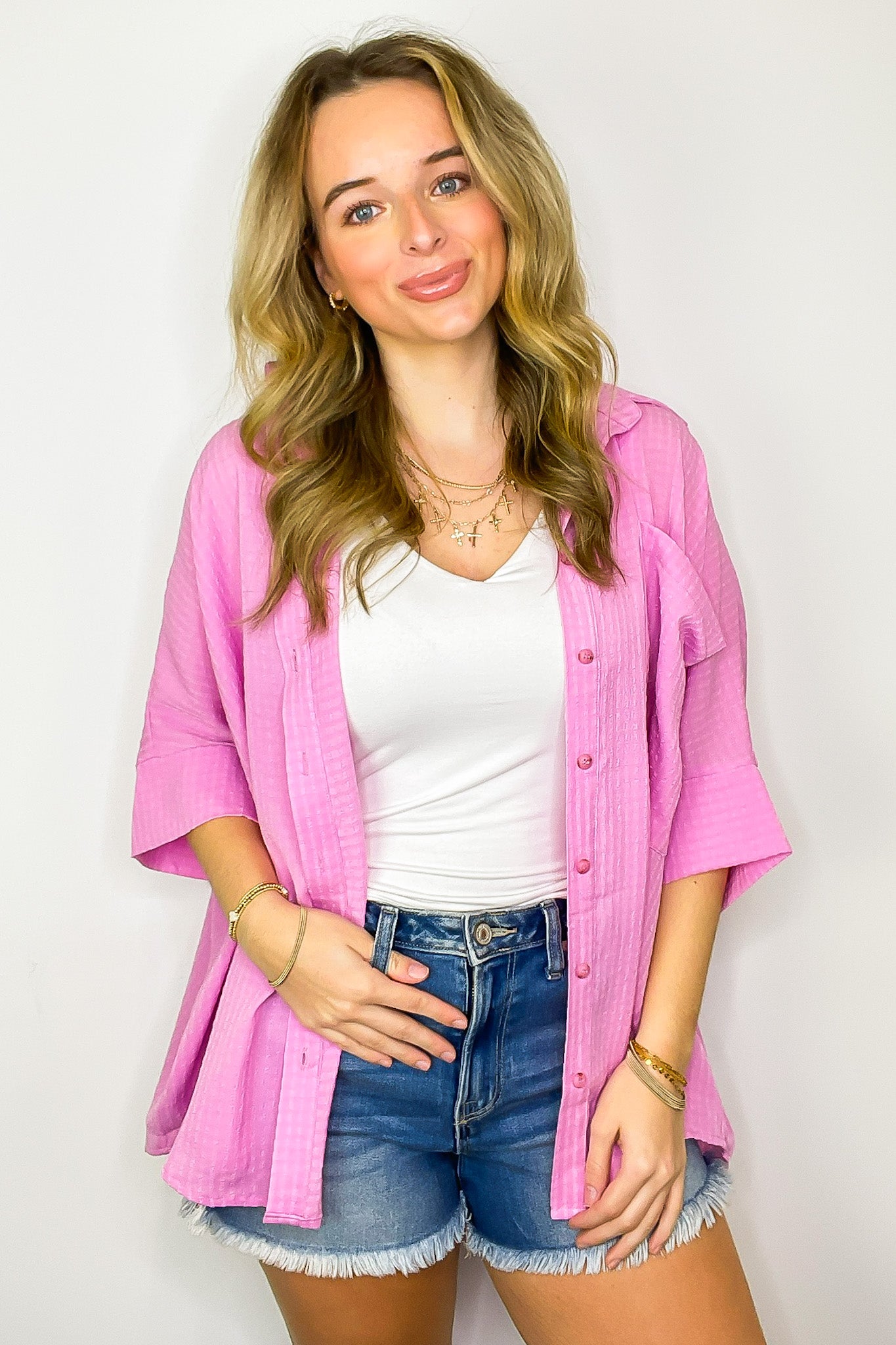Textured Knit Button Down Top