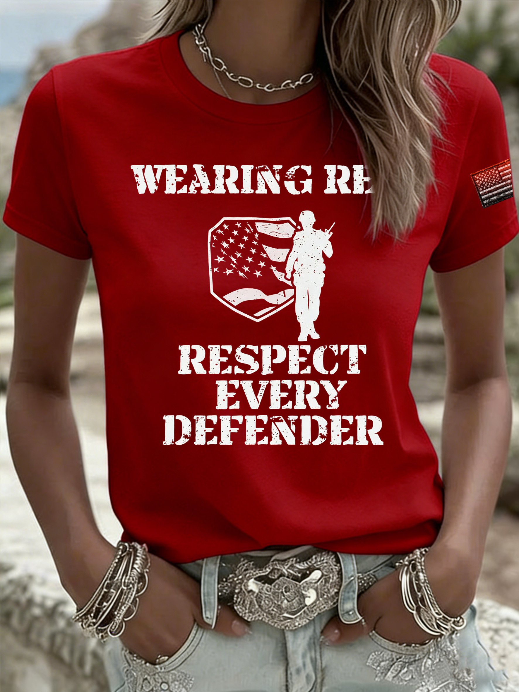 Women's Red Friday Print Casual Crew Neck Top