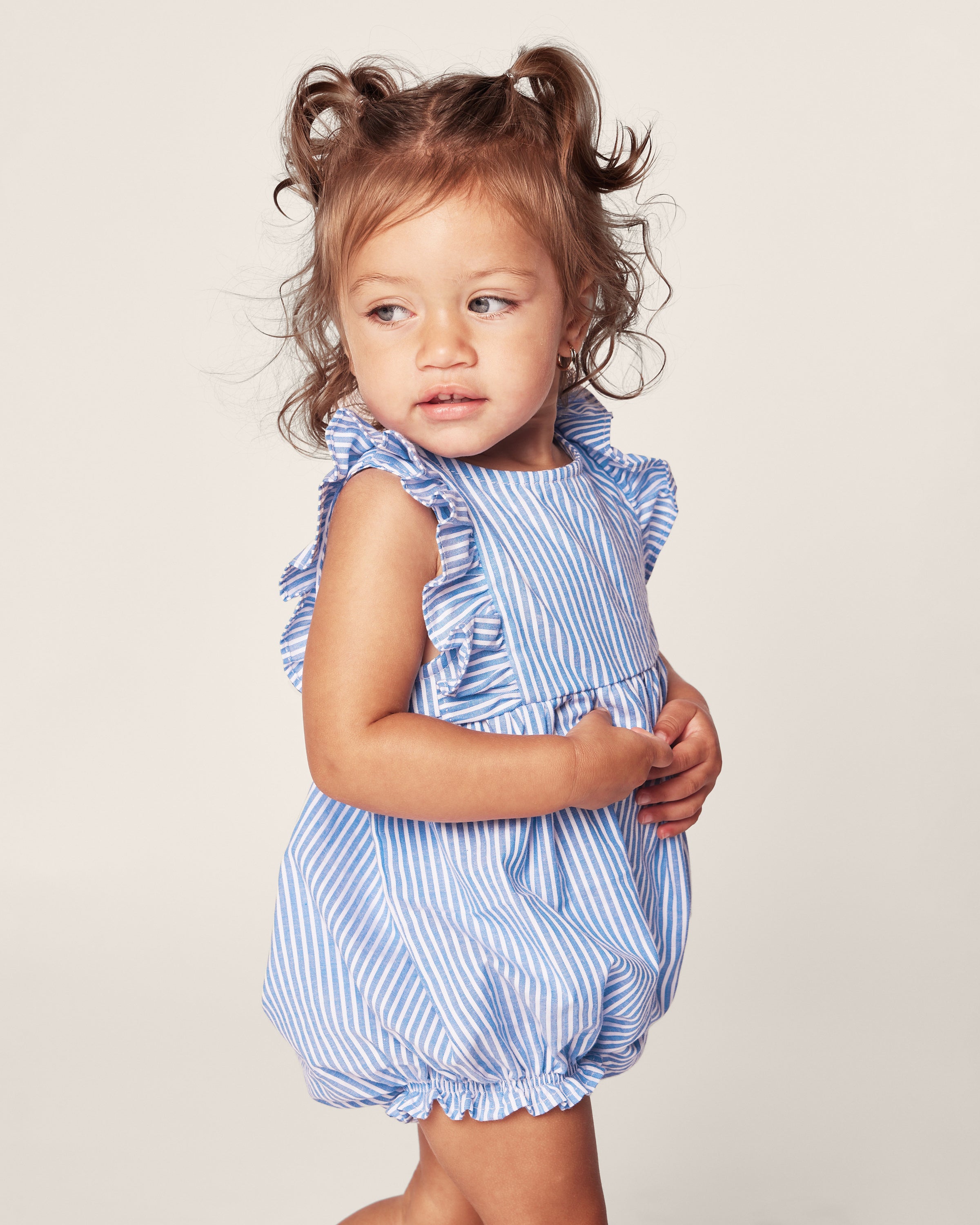 Baby's Twill Ruffled Romper in French Blue Heritage Stripe