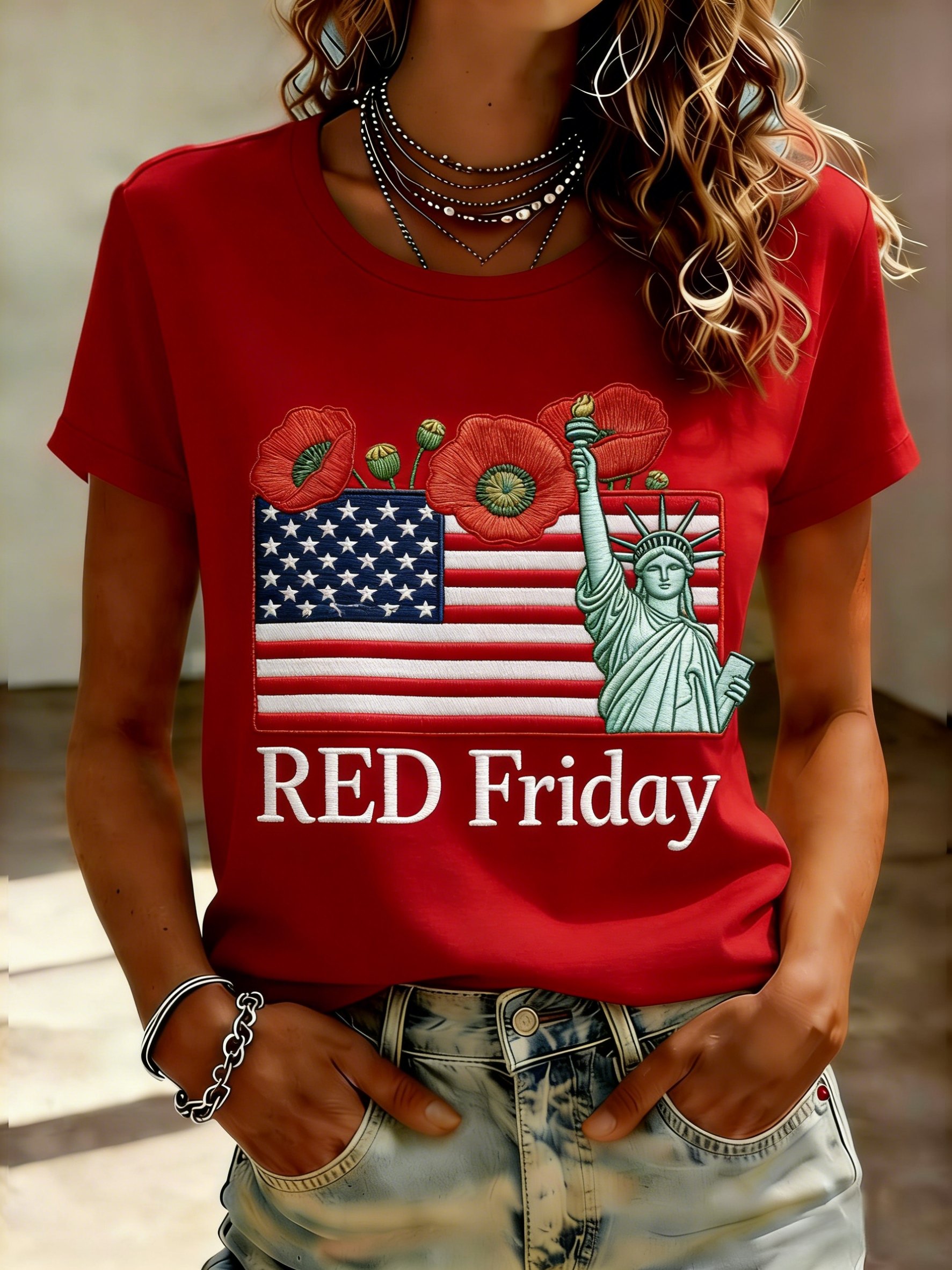 Women's Red Friday Poppy Print Casual Crew Neck Short Sleeve T-Shirt