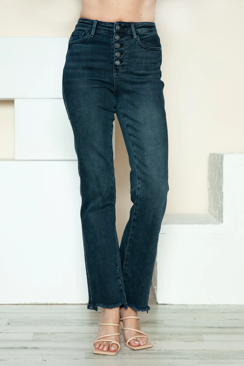 Blue Full Size Button Fly Hem Destroy Straight Jeans
